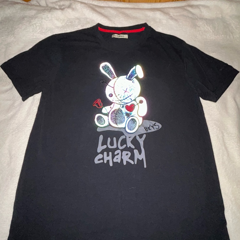 BKYS Lucky Charm Black Crewneck Embroidered Large T Shirt Bunny